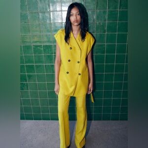 SALE🎄Zara Linen Yellow Sleeveless Belted Trench Vest Mid Length